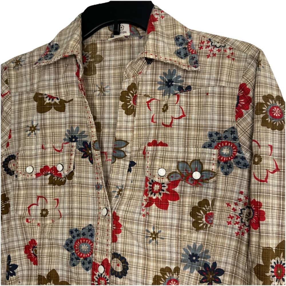 Johnny Was Cotton Floral Brown Red Gold Flannel Pearl Snap Button Up Size 4 - Picture 3 of 13